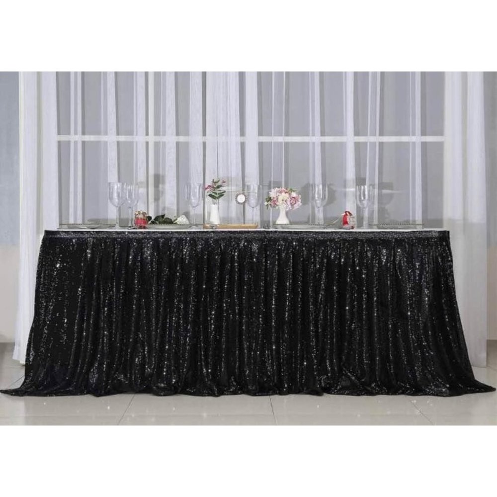 Black Sequin Table Skirt 6 feet x 30 inch Drop Wedding Dining Tablecloth Decor ~